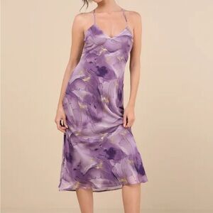 Lulus Bright Charm Purple Abstract Print Chiffon Slip Midi Dress